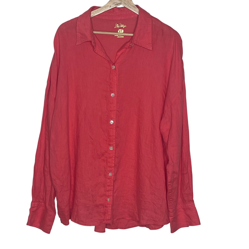 Lilly Pulitzer XL Coral Linen Button Down Long Sleeve Shirt Womens